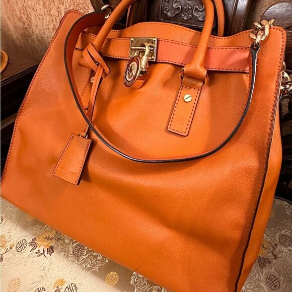 Michael Kors Orange Leather Hamilton Large Tote Bag 14”Lx13”Hx5.5D - Picture 3 of 10
